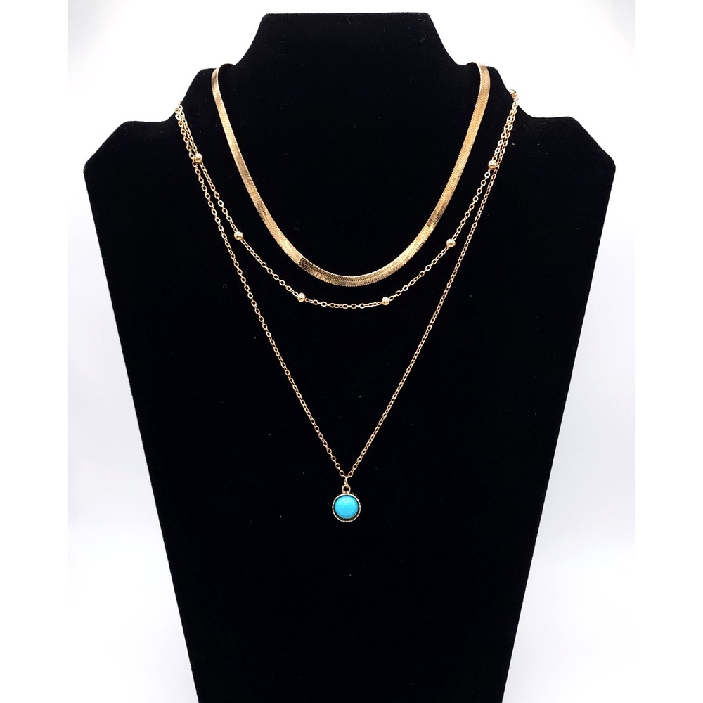 Aura Gold Tone Triple Layer Necklace Turquoise Blue New